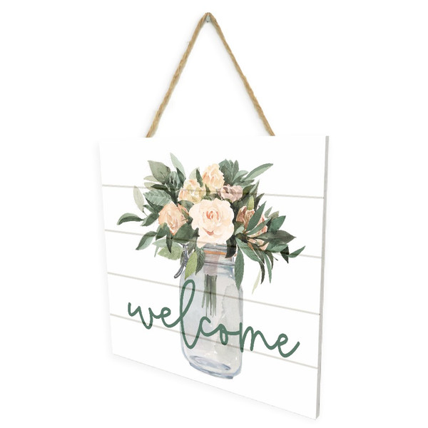 Welcome Flower Jar Wooden Plank Sign 7.5 x 7.5