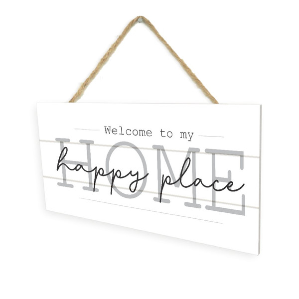 Welcome To My Home Happy Place Wooden Plank Hanging Wall Decor Sign White Wood Style 5x10