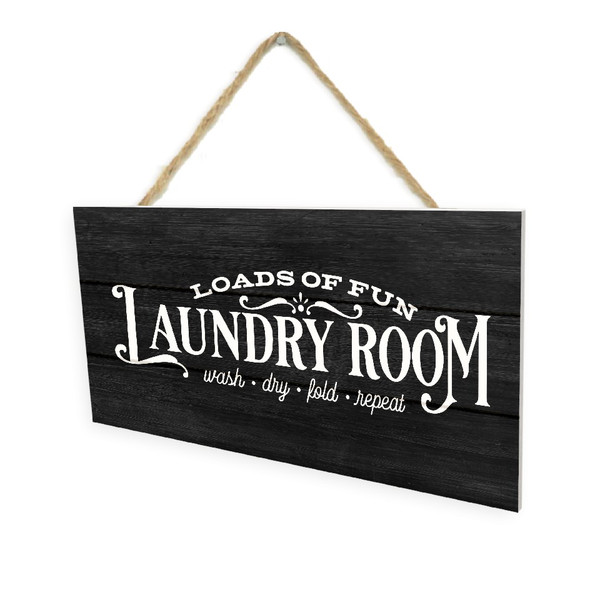 Laundry Room Loads Of Fun (Black) Wooden Plank Hanging Wall Decor Sign Black Style 5x10