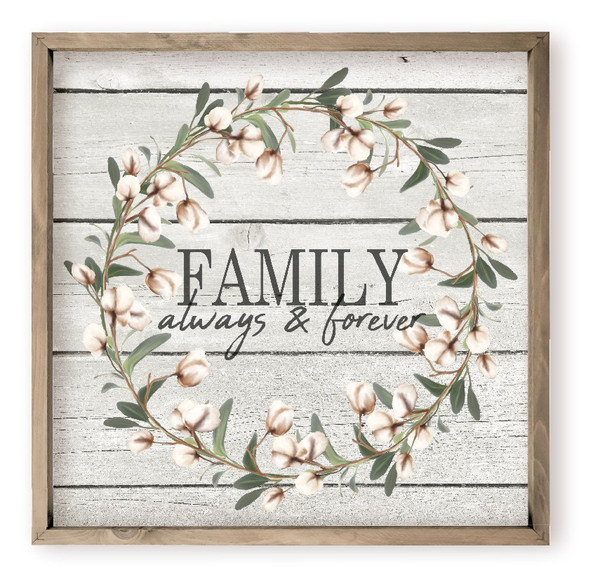 Family Always and Forever Floral Wreath Farmhouse Style Wood Wall Decor Sign