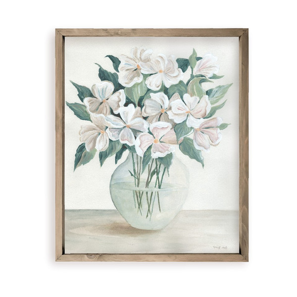 White And Pastel Flowers In Vase Painting Farmhouse Style Wood Wall Decor Sign
