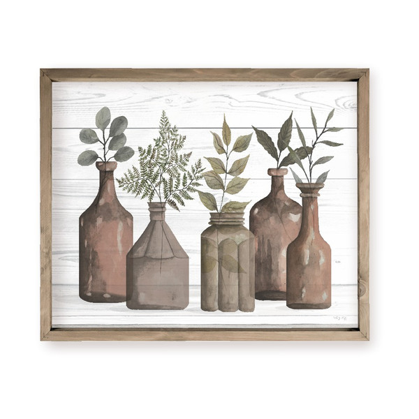 Floral Leaf Painting In Antique Jars Farmhouse Style Wood Wall Decor Sign