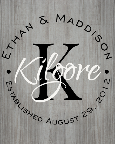 Personalized Printed Wood Family Name Sign With Established Date And Monogram 16x20