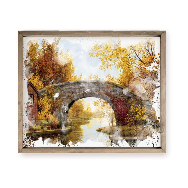 Stone Bridge In Autumn Painting Farmhouse Style Wood Wall Decor Sign