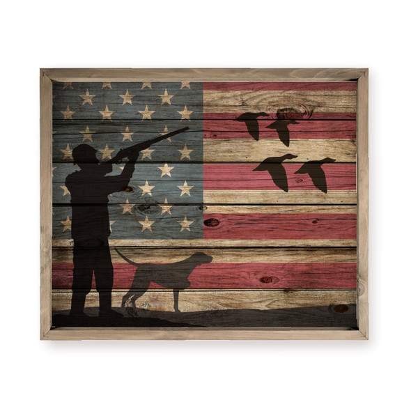 Patriotic Flag Hunting With Dog Farmhouse Style Wood Wall Decor Sign