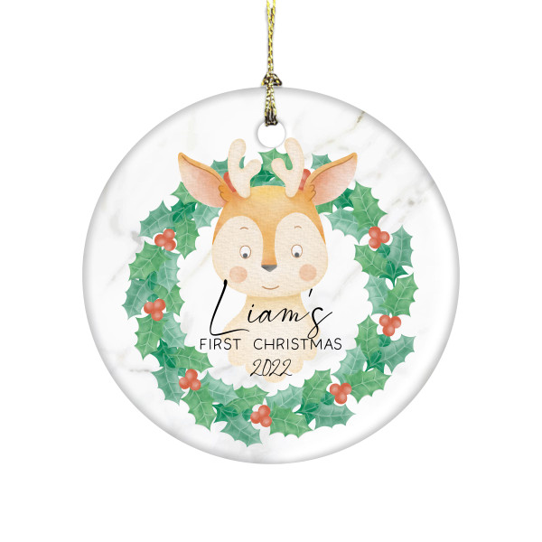First Christmas Young Buck Deer In Wreath 3 Inch Ceramic Christmas Ornament With Gift Box