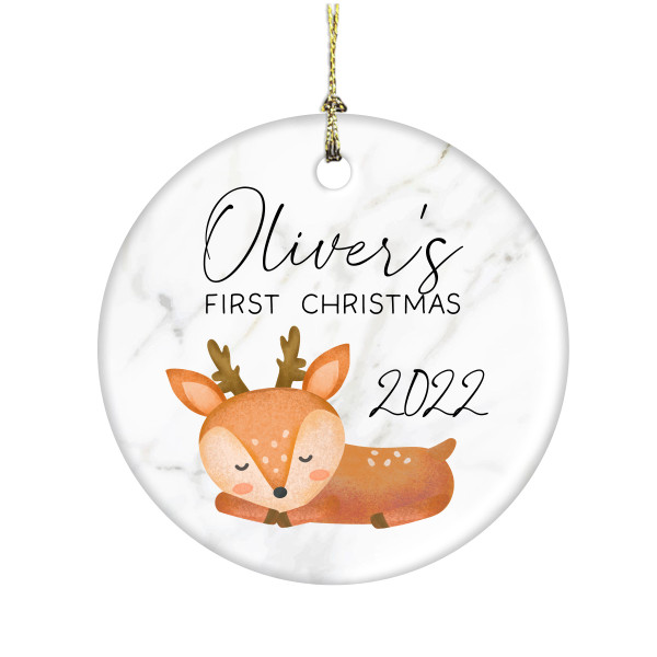 First Christmas Young Buck Deer Sleeping 3 Inch Ceramic Christmas Ornament With Gift Box