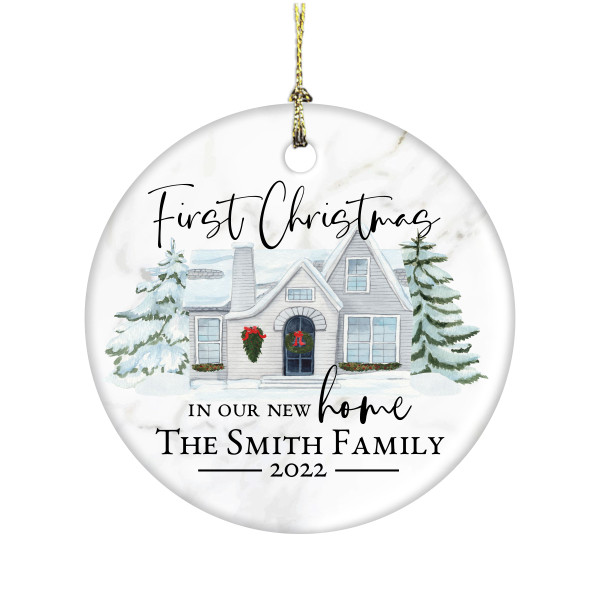 First Christmas In Our New Home Watercolor House 3 Inch Ceramic Christmas Ornament With Gift Box