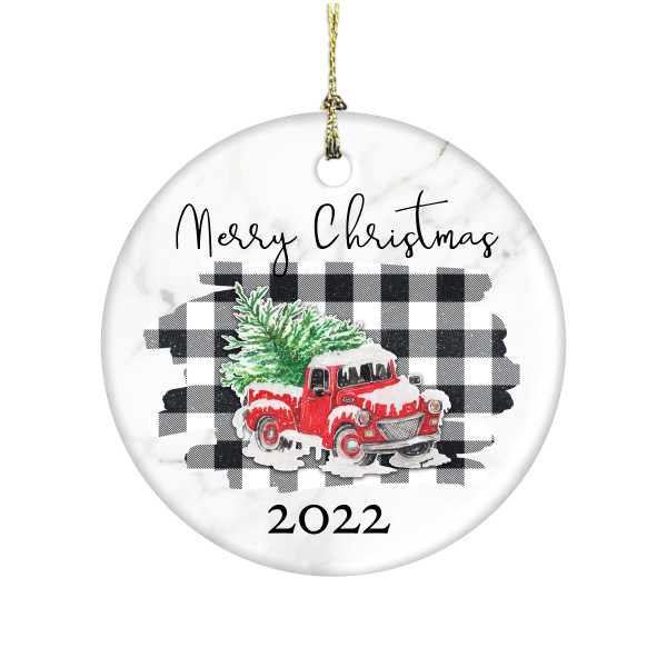 Merry Christmas Truck With Plaid Background 3 Inch Ceramic Christmas Ornament With Gift Box