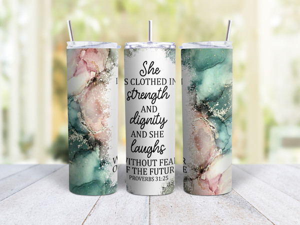 20oz Skinny Tumbler With Proverbs 31:25 - Stainless Steel Double Wall Insulated Cup With Lid And Straw - Christian Gift