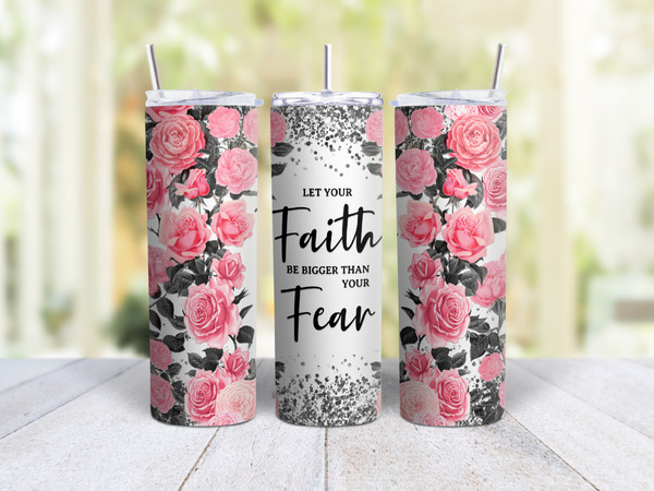 20oz Skinny Tumbler Faith Over Fear - Stainless Steel Double Wall Insulated Cup With Lid And Straw - Christian Gift
