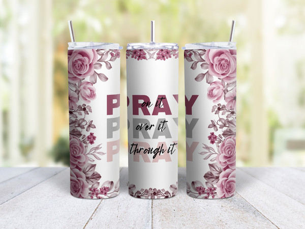 20oz Skinny Tumbler Pray (Purple) - Stainless Steel Double Wall Insulated Cup With Lid And Straw - Christian Gift