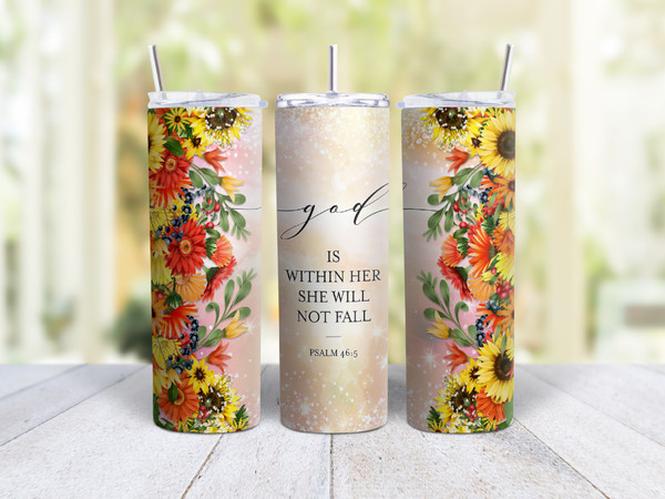 20oz Skinny Tumbler God Is Within Her Psalm 46:5 - Stainless Steel Double Wall Insulated Cup With Lid And Straw - Christian Gift