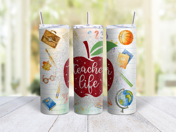 20oz Skinny Tumbler Teacher Life (With Apple) - Stainless Steel Double Wall Insulated Cup With Lid And Straw