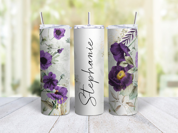 20oz Skinny Tumbler Personalized Floral - Stainless Steel Double Wall Insulated Cup With Lid And Straw