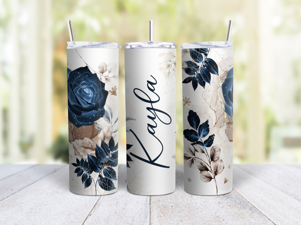20oz Skinny Tumbler Personalized Flowers - Stainless Steel Double Wall Insulated Cup With Lid And Straw