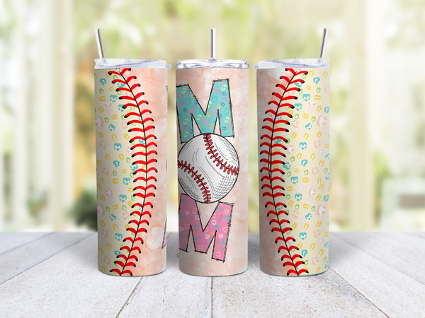 20oz Skinny Tumbler Baseball Mom (Pastel) - Stainless Steel Double Wall Insulated Cup With Lid And Straw