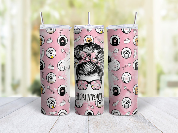20oz Skinny Tumbler Cat Mom (Pink) - Stainless Steel Double Wall Insulated Cup With Lid And Straw