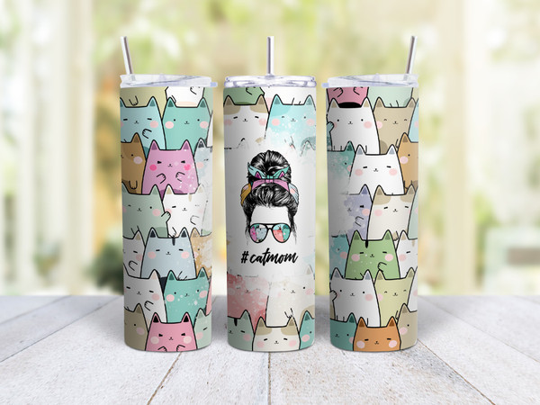 20oz Skinny Tumbler Cat Mom (Pastel) - Stainless Steel Double Wall Insulated Cup With Lid And Straw