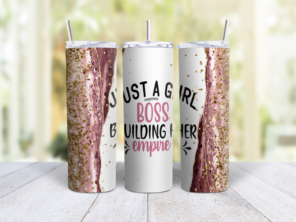 20oz Skinny Tumbler Girl Boss (Glitter) - Stainless Steel Double Wall Insulated Cup With Lid And Straw