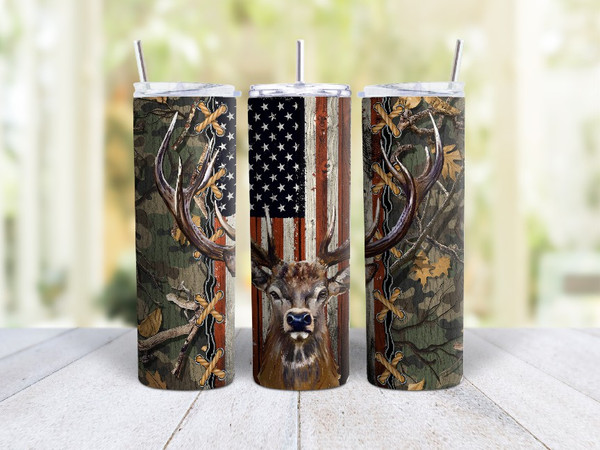 20oz Skinny Tumbler Deer Head With American Flag - Stainless Steel Double Wall Insulated Cup With Lid And Straw
