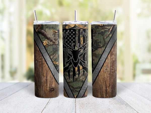 20oz Skinny Tumbler Deer Head With American Flag (Pole Design) - Stainless Steel Double Wall Insulated Cup With Lid And Straw