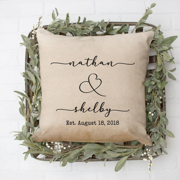 Personalized Wedding Throw Pillow with First Names and Established Date - Custom Cushion Cover for Couples 16x16