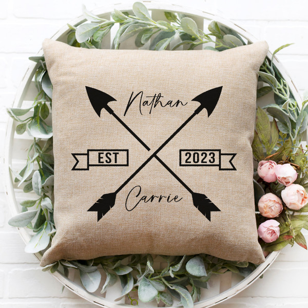 Personalized Wedding Throw Pillow with First Names and Established Date With Arrows Design - Custom Cushion Cover for Couples 16x16