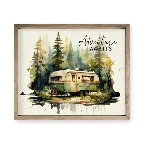 Adventure Awaits Camper Watercolor Farmhouse Style Wood Wall Decor Sign