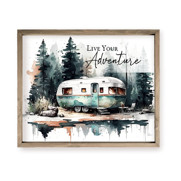 Live Your Adventure Camper Watercolor Farmhouse Style Wood Wall Decor Sign