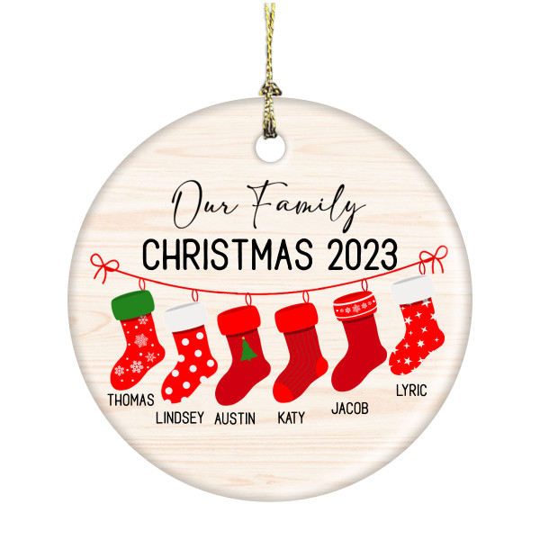 Our Family Christmas Personalized With Stockings 3 Inch Ceramic Christmas Ornament With Gift Box