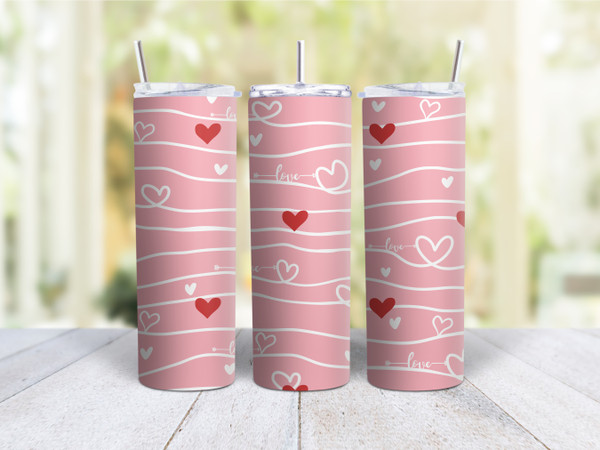 20oz Skinny Tumbler Valentines Day Pink With Red And White Hearts - Stainless Steel Double Wall Insulated Cup With Lid And Straw