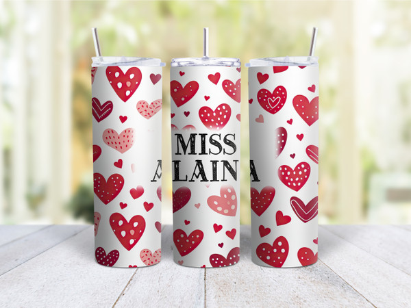 20oz Skinny Tumbler Personalized Red Hearts - Stainless Steel Double Wall Insulated Cup With Lid And Straw