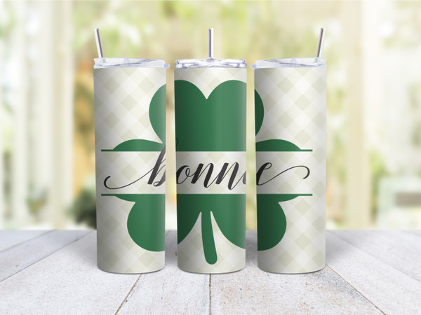 20oz Skinny Tumbler Personalized St. Patrick's Day With Large Shamrock - Stainless Steel Double Wall Insulated Cup With Lid And Straw