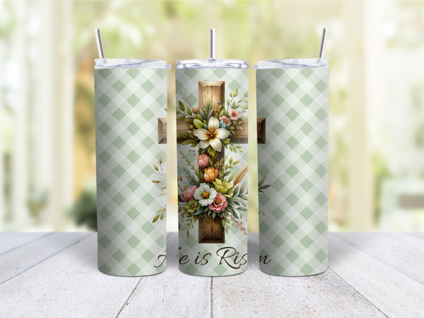 20oz Skinny Tumbler He Is Risen With Cross And Flowers - Stainless Steel Double Wall Insulated Cup With Lid And Straw