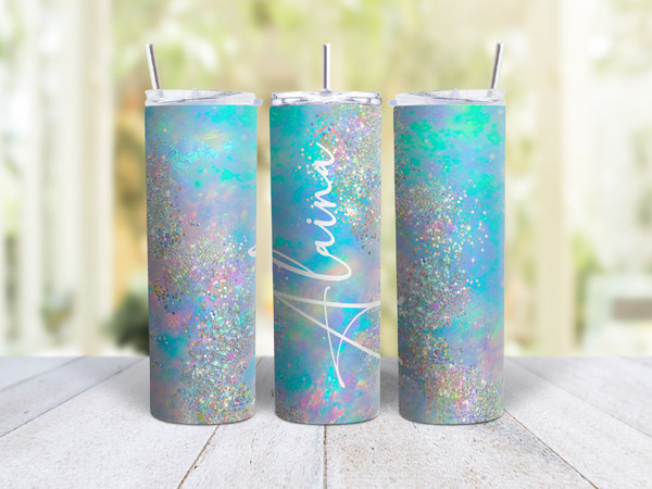 20oz Skinny Tumbler Personalized Multicolored Blue And Silver Glitter  - Stainless Steel Double Wall Insulated Cup With Lid And Straw