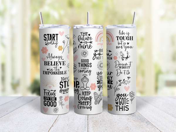 20oz Skinny Tumbler Inspirational Zen Sayings Flowers And Rainbows - Stainless Steel Double Wall Insulated Cup With Lid And Straw