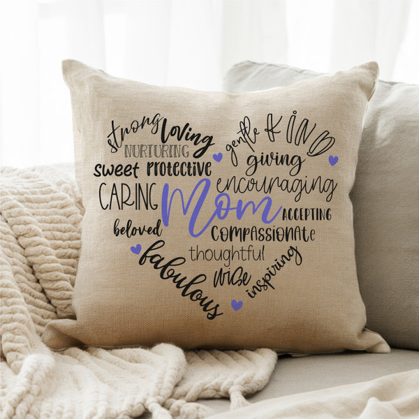 16x16 Throw Pillow 'Adjectives For Mom' In A Heart Design - Printed Cushion Cover For Home Decor