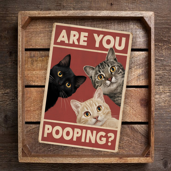 Funny Cat Sign - 8x12 Inch 'Are You Pooping?' Wall Art With Cats Staring - Perfect For Bathroom Decor, Humorous Gift