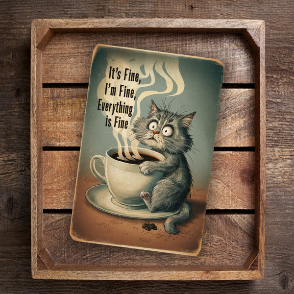 8x12 Funny Cat Coffee Sign - 'It's Fine, I'm Fine, Everything Is Fine' - Vintage-Style Humorous Wall Decor