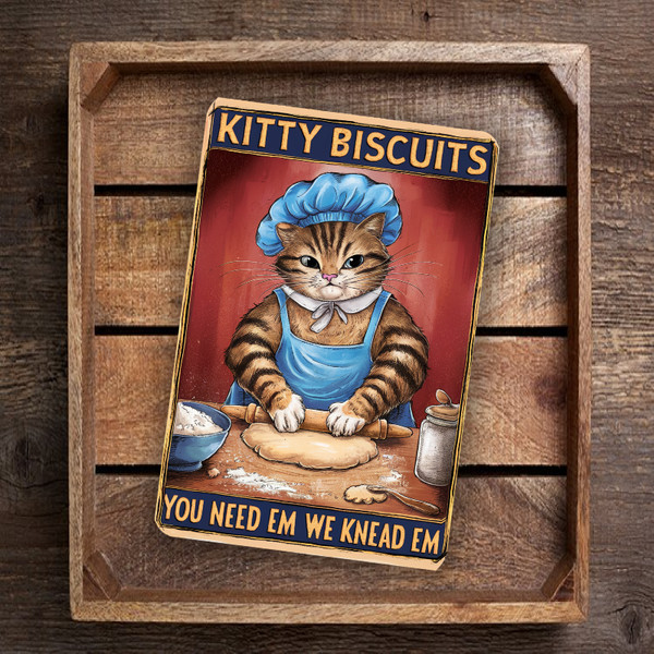 Humorous Vintage Kitchen Sign - "Kitty Biscuits: You Need Em, We Knead Em" - 8"x 12" Cat Chef Decor For Home, Bakery, Or Café