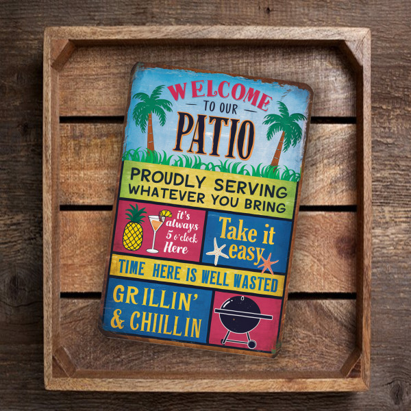 Colorful Outdoor Sign - "Welcome To Our Patio" - Vibrant Patio Decor With Tropical Graphics And Fun Messages 8x12