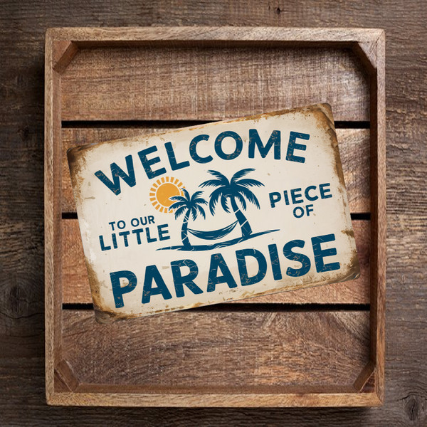 Vintage Style Welcome Sign - "Welcome To Our Little Piece Of Paradise" 8"x 12" Distressed Look Outdoor Sign With Sun & Palm Trees