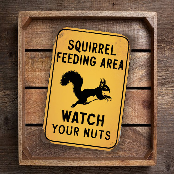 Funny Vintage Style Sign - "Squirrel Feeding Area, Watch Your Nuts" 8"x 12" Decorative Sign For Gardens, Patios, And Outdoor Spaces
