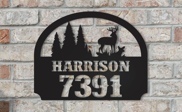 Personalized Metal Name Sign with Street Number and Deer Scene 13x16
