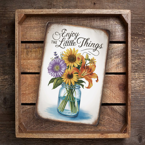 Vintage-Style "Enjoy The Little Things" Metal Sign - Elegant 8"x 12" Wall Decor With Flower Bouquet In Glass Jar