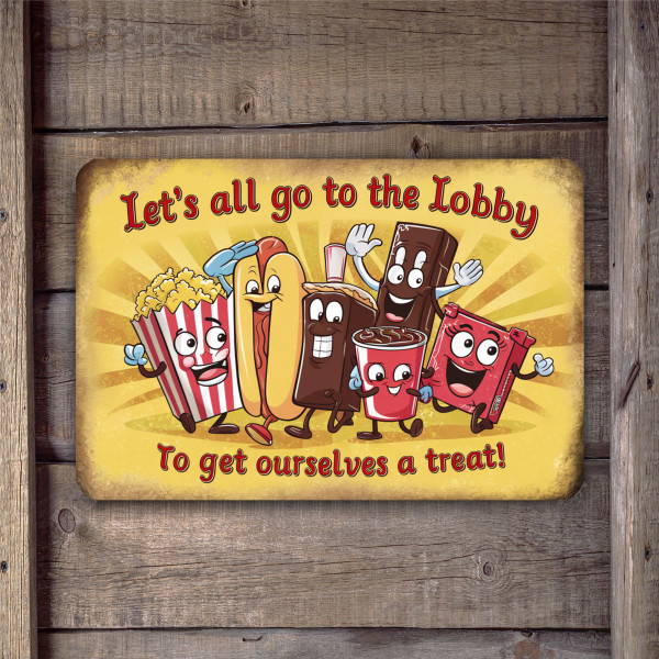 Retro-Style "Let's All Go To The Lobby" Metal Sign - Vibrant Snacks And Drinks With Expressive Faces - Fun And Nostalgic Wall Art
