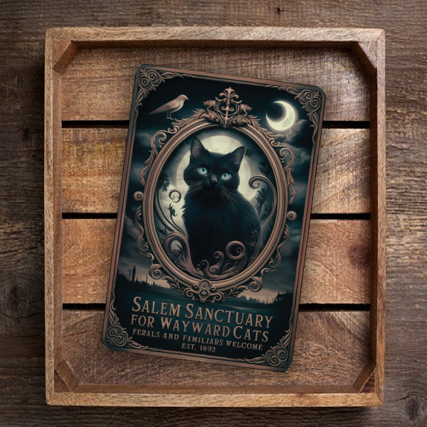 Gothic Metal Sign "Salem Sanctuary For Wayward Cats"– Black Cat, Crescent Moon, And Bird Art 8"x 12" Wall Decor For Halloween And Cat Lovers