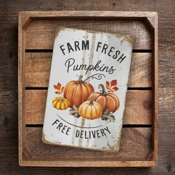 Vintage Metal Sign "Farm Fresh Pumpkins" Rustic Fall Decor With Pumpkins And Autumn Leaves 8"x 12" Art For Fall, Harvest, And Thanksgiving
