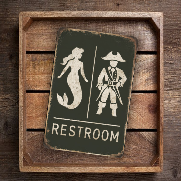 Vintage-Style "Restroom" Sign - Humorous Mermaid And Pirate Wall Decor - Rustic Distressed Design 8x12